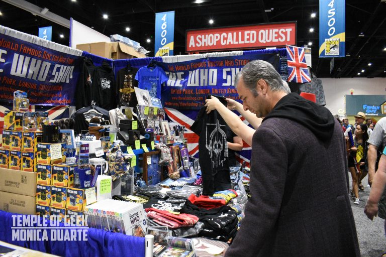 Exhibitor table from San Diego Comic Con selling Doctor Who Merchandise