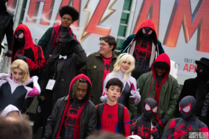 about a dozen Spider-man Copsayers pose for photos at a meet up at Wondercon 2019