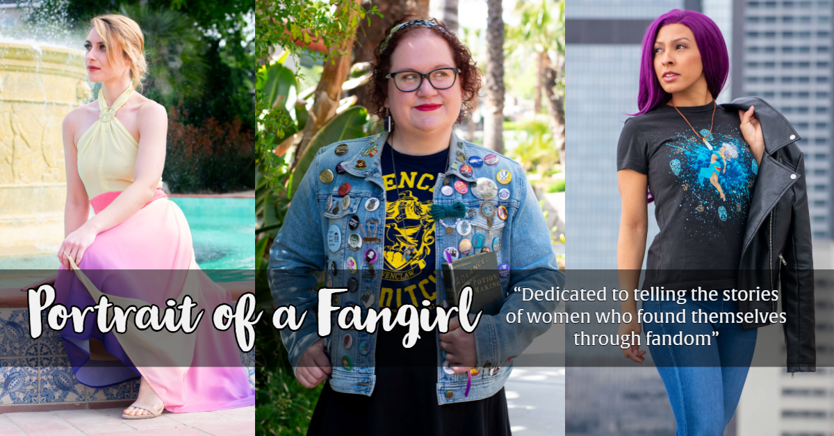 Portrait of a fangirl LOGO shown over the photo of three women who are in the portrait of a fangirl episodes. L-R Victoria Male, Tiffany Cagle and Utahime Cosplay