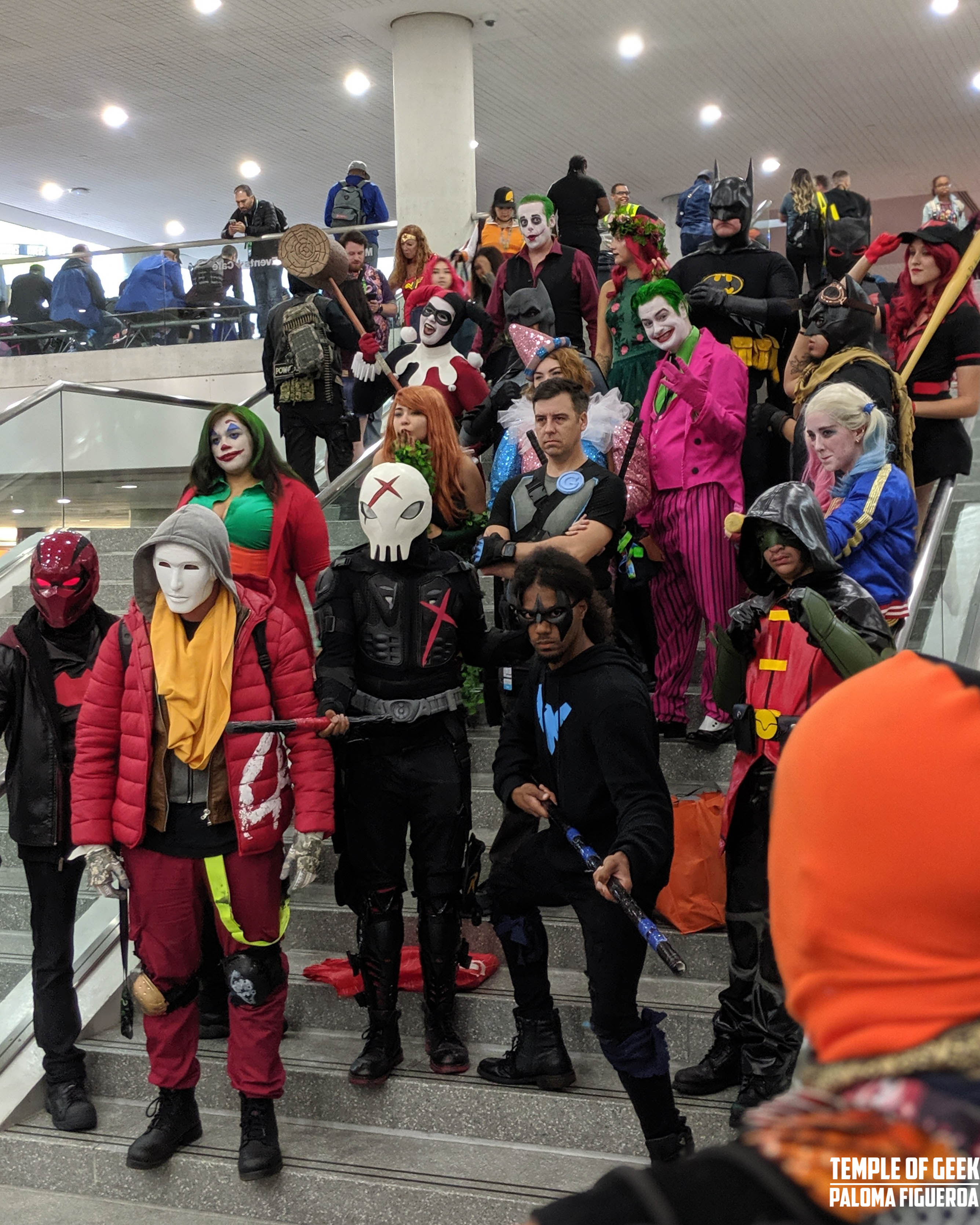 Cosplayers at New York City Comi Con stagger on the stairs for a cosplay meet up. 