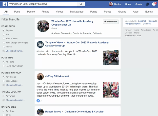 Gif on how to search Facebook for cosplay meet up events. It is a video with instructions. 