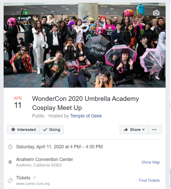 Screenshot of the Facebook Event Page for an Umbrella Academy Cosplay Meetup at WonderCon 2020. The screenshot features an image of around 40 Umbrella Academy cosplayers gathered together. Below the image are details of for the event. that include the location, date and time. 