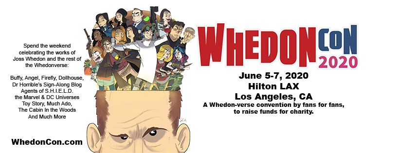 Flyer for Whedon Con. Image has a sketch of the top of Josh Whedon's head and characters from his movies and shows coming out of his brain