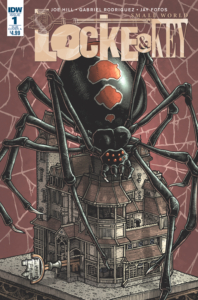 Comic book cover for the comic book "lock & Key". The cover is a hand drawn photo of a large spider surrounding a Victorian era house