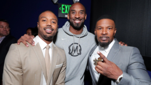 Michael B. Jordan, Kobe Bryant, and Jamie Foxx pose together at a community screening of Just Mercy.