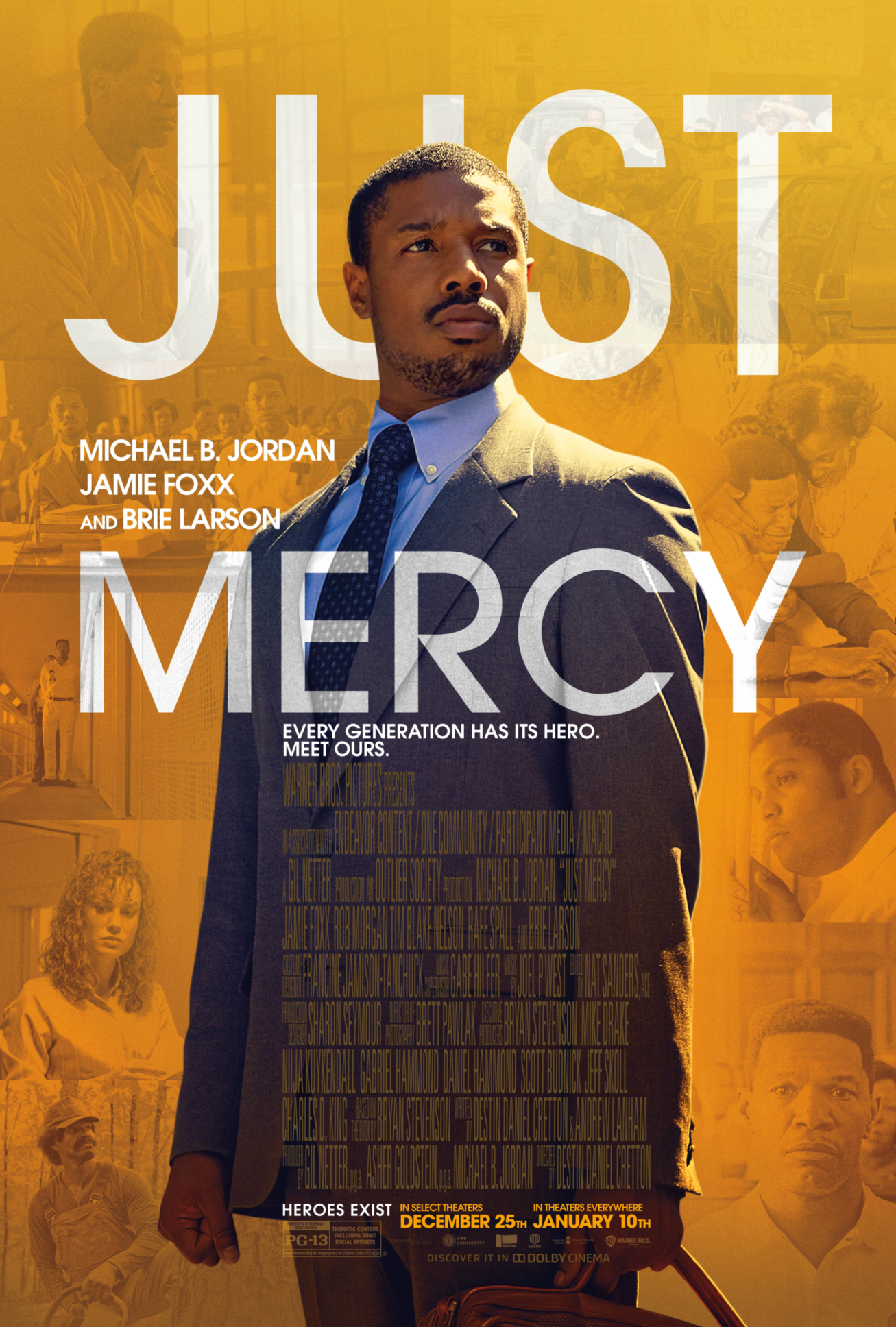 Promotional poster for the Film Just Mercy. Actor Micheal B Jordan stands in the center of the photo holding a briefcase. He is wearing a suit. Behind him is a collage of faded photos. Scenes from the movie. The words Just Mercy are prominent 