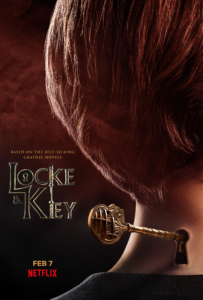 Promotional poster for Locke & Key. The poster shows the back of a young man's neck. The neck appears to have a key hole. There is a key in the keyhole. The key looks like an antique. 