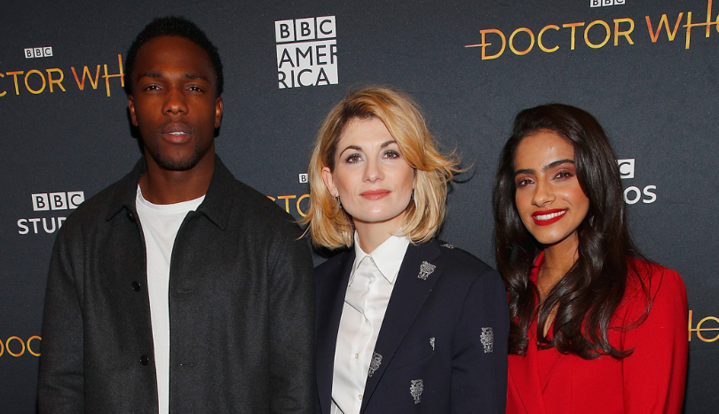 Tosin Cole, Jodie Whittaker and Mandip Gil at the Paley Center NY posing for photos on the red carpet