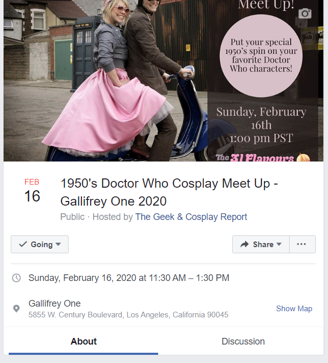 Screen shot of a Doctor Who cosplay Meet Up on Facebook 