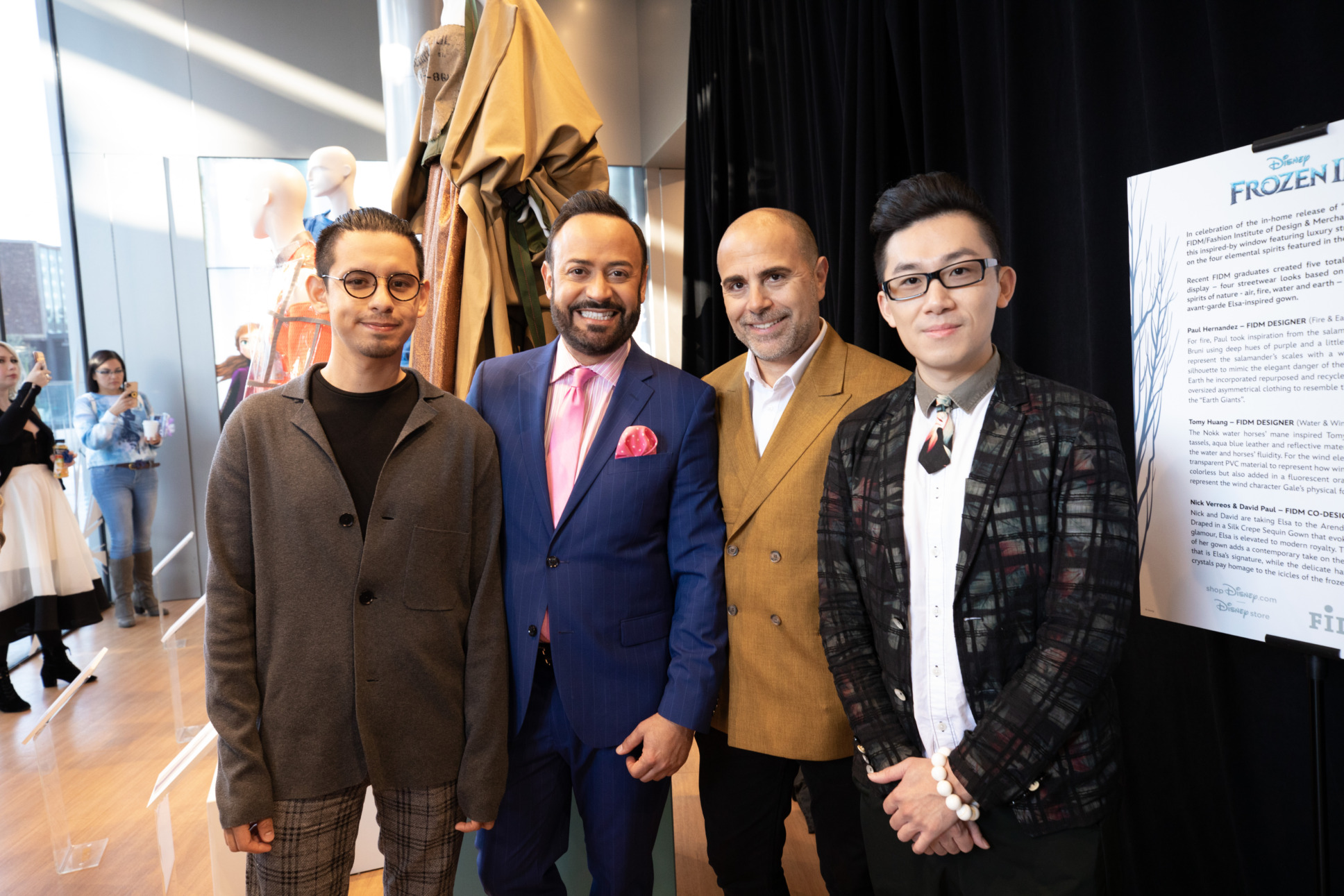 FIDM designers Paul Hernandez, Nick Verreos, David Paul and Tomy Huang attend as Disney collaborates with FIDM to create a “FROZEN 2” inspired window display at Disney Store Westfield Century City in Los Angeles, CA on Tuesday, February 25, 2020. (Photo: Alex J. Berliner/ABImages)