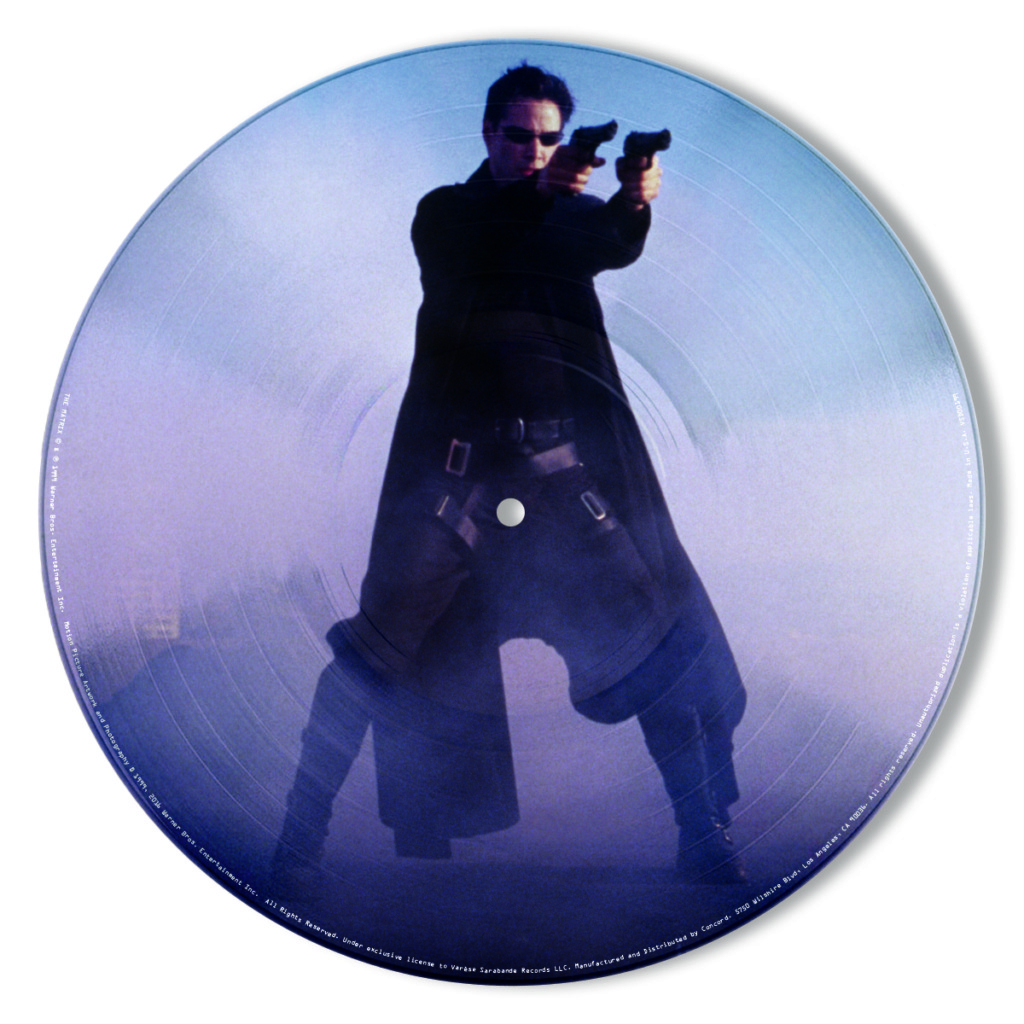 Side B of the vinyl record shows Neo (Keanu Reeves) in full action mode