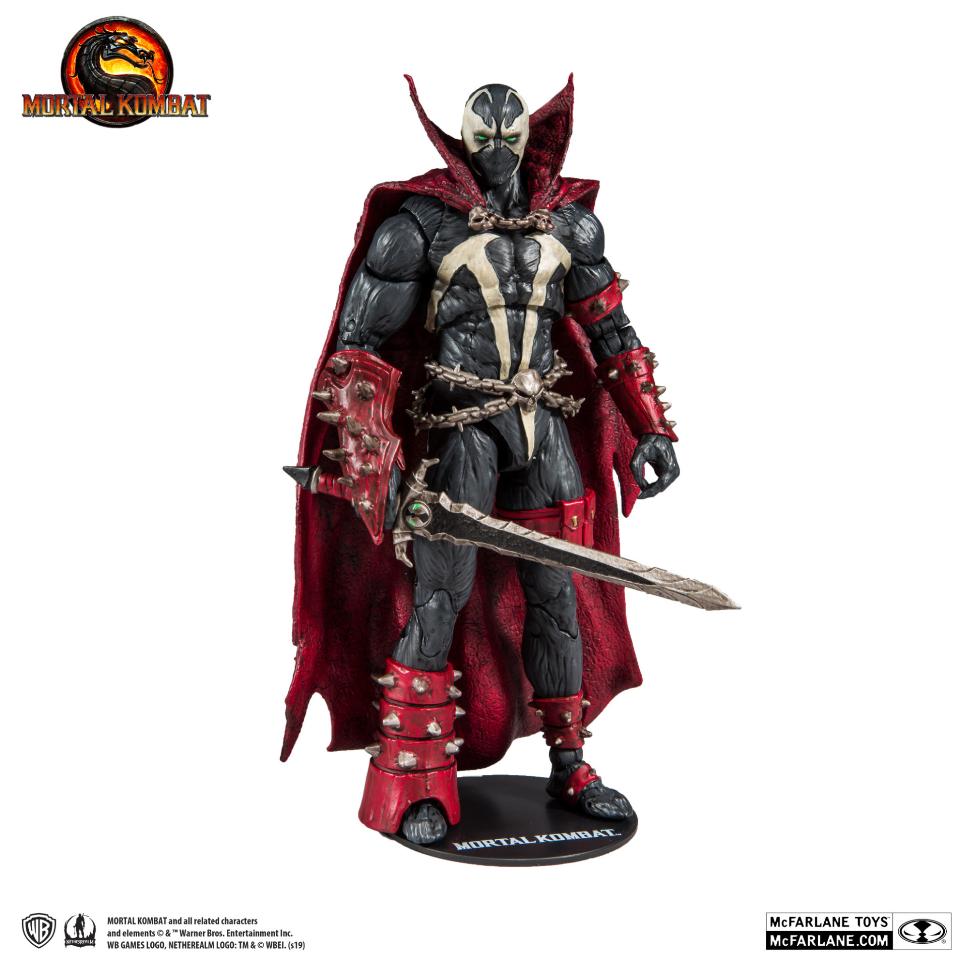 The SPAWN Mortal Kombat Action figure is emulating his iconic look from the Mortal Kombat 11 videogame and SPAWN Comic series.