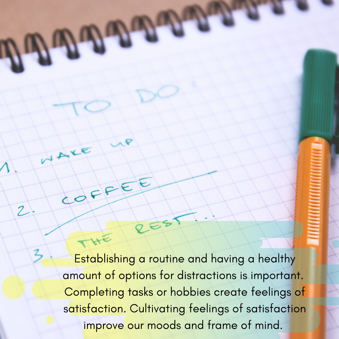 Establishing a routine and having a healthy amount of options for healthy distractions is important. Completing tasks or hobbies create feelings of satisfaction. Cultivating feelings of satisfaction improve our moods and frame of mind.