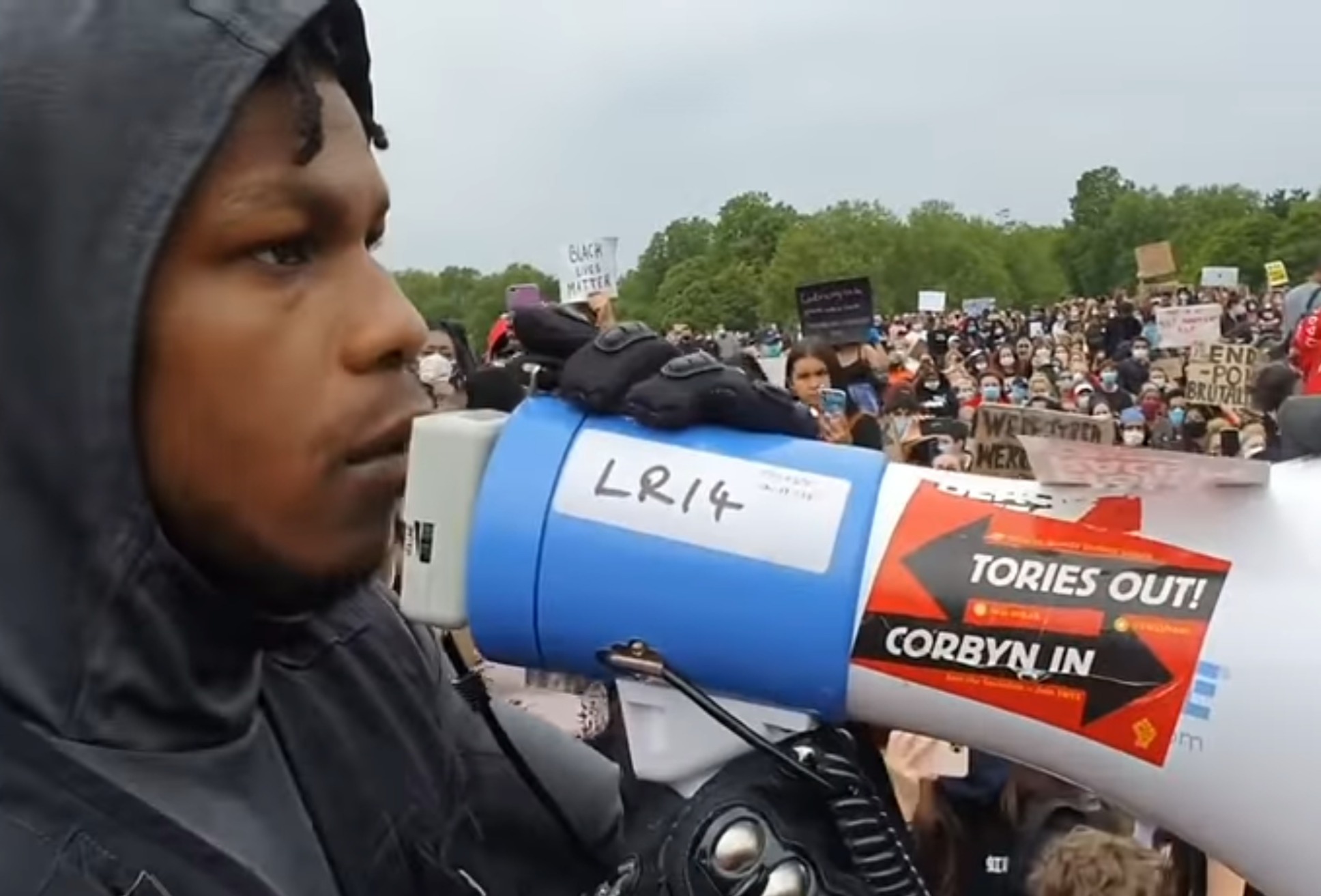 John Boyega emotional during his speech. Screencap from Evening Standard video above.