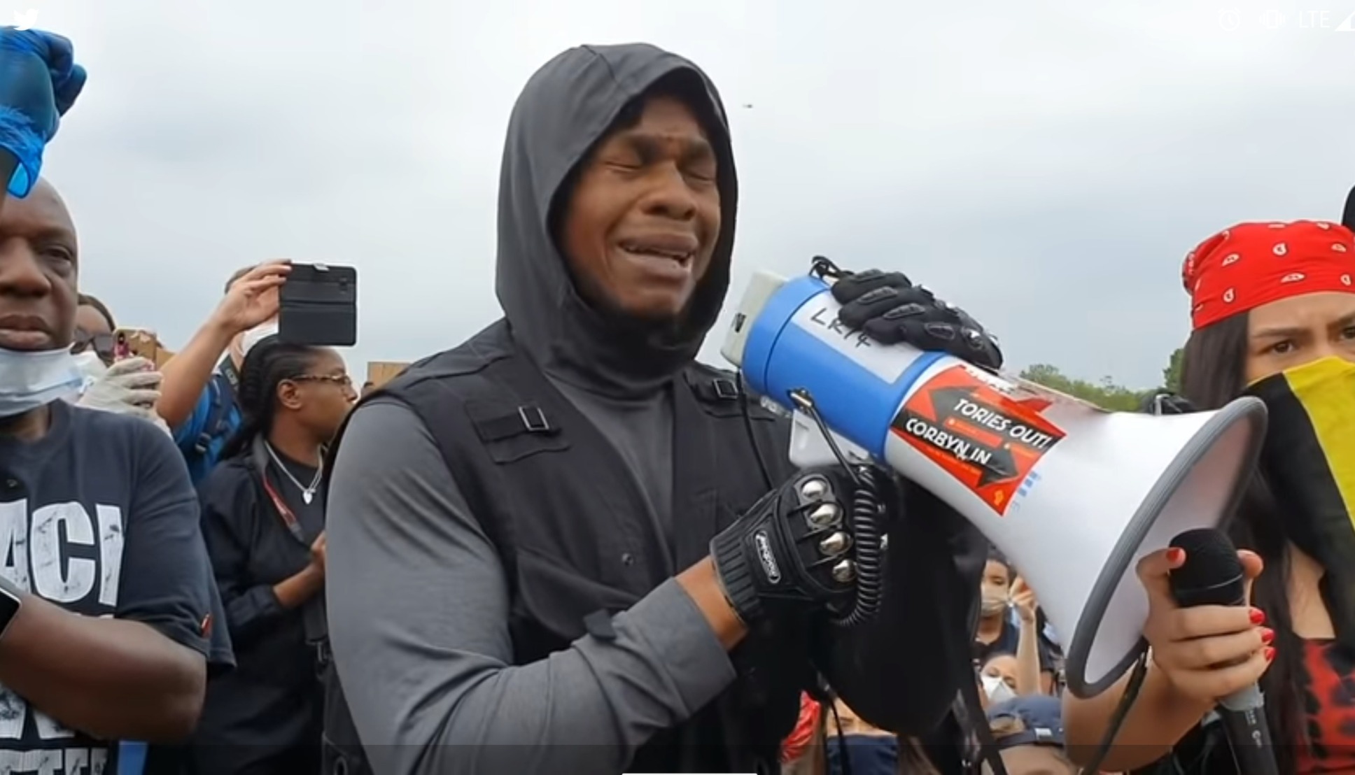 John Boyega emotional during his speech. Screen cap from Evening Standard video. 