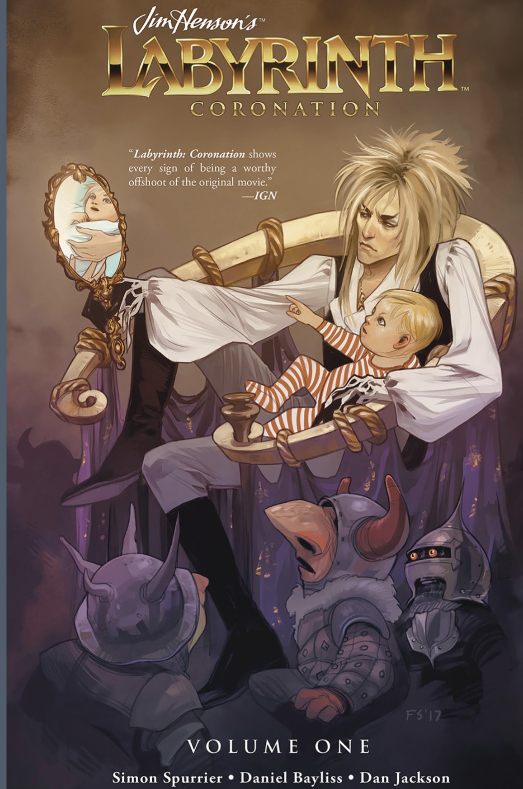 Jim Hensons' Labyrinth Comic cover depicts the king on a throne, holding a small child in the striped pajamas on his lap. They are staring at a hand mirror in the king's hand. There are minions in armor looking up at him. 