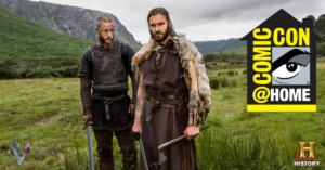 Photo of the Lothbrok Brothers standing in the middle of a field in a valley. History channel logo and the comic con at home logo appears on the side of them