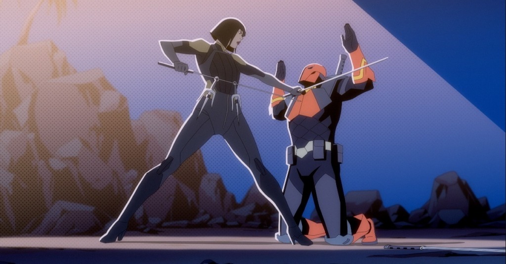 Screen Grab from the animated Film, Deathstroke: Knights & Dragons. Deathstroke surrenders on his knees and both hands up to Lady Shiva who holds two samurai swords to his chest and neck. 