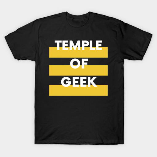 Black Tshirt with three yellow rectagular blocks and on top of the blocks are the words Temple of Geek