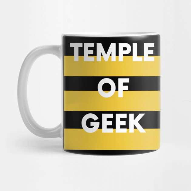 Black coffe mug with a white handle. Tshirt with three yellow rectagular blocks and on top of the blocks are the words Temple of Geek