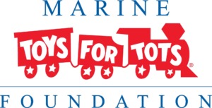 Marine Toys For Tot foundation Logo. The words "toys for tot" are spelled out on the silhouette of a toy train 