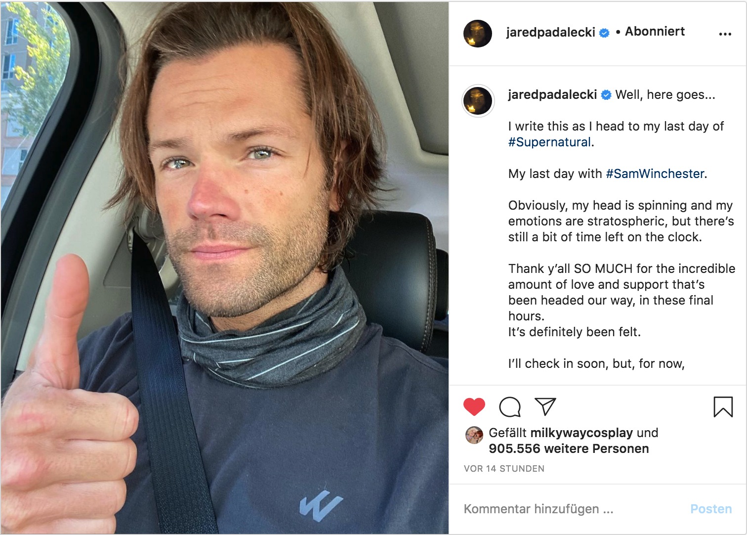 Jared Padalecki thumbs up tears in his eyes driving to the last day of filming of Supernatural