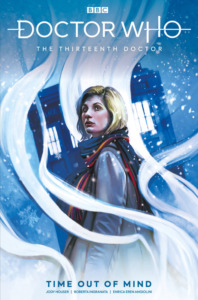 13th Doctor on the cover of a comic book, wearing her scarf, in front of the TARDIS