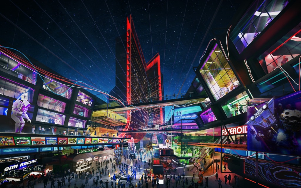 Rendering of Atari Hotels Interior City . There is a couryard filled with televison screens with gaming images. people are walking through the courtyard toward the hotel as it towers above the courtyard. 