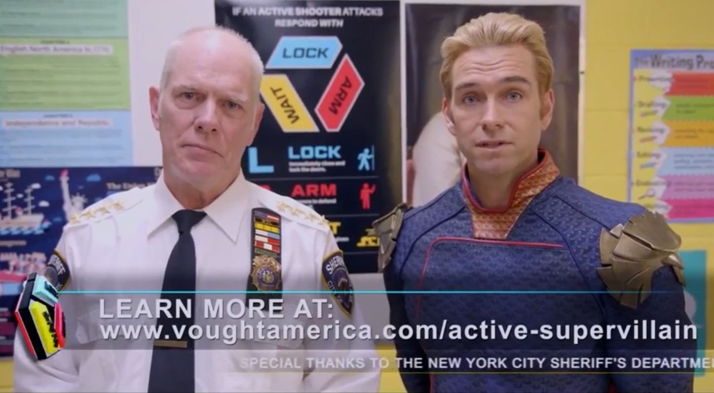 the Boys, Homelander and police offer present advice for supervillian attack