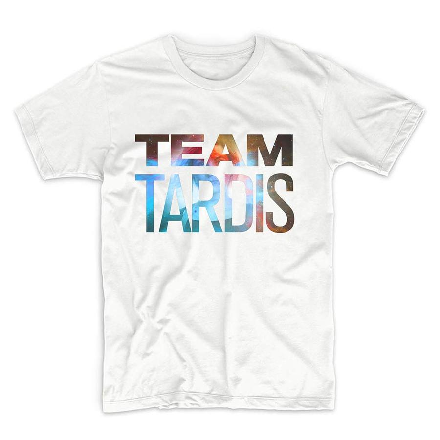 Doctor Who Team TARDIS t shirt, white with colorful letters