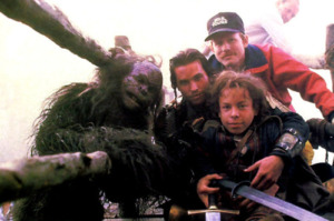 Ron Howard, Val Kilmer, and Warwick Davis in Willow taking a selfie on the set of Willow in 1988