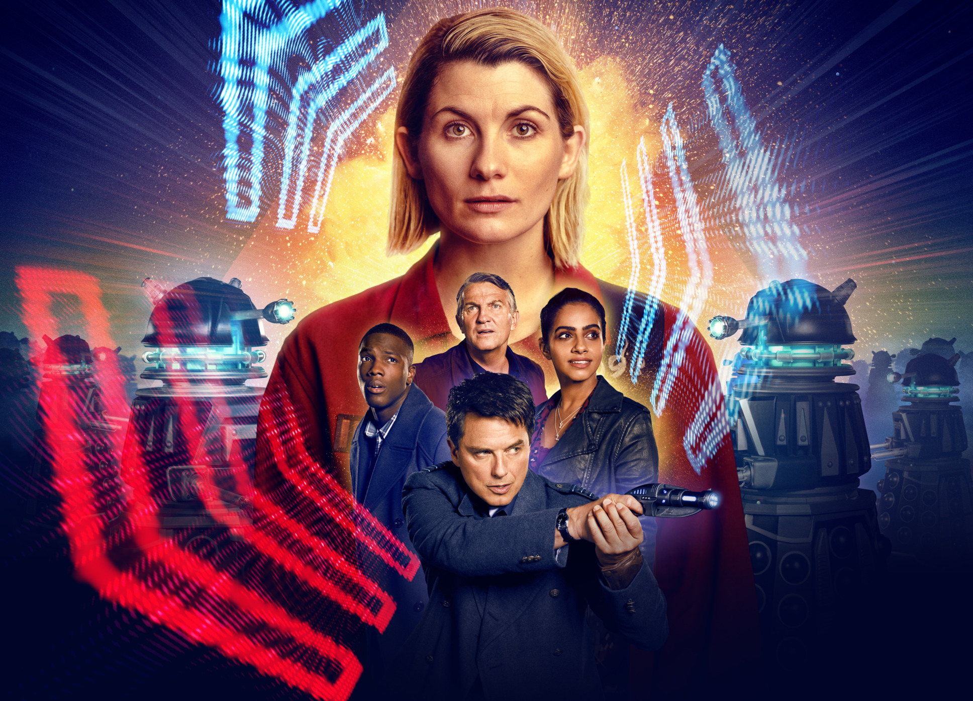 Jodie Whittaker as the Doctor with her friends along with Captain Jack graphic with Daleks