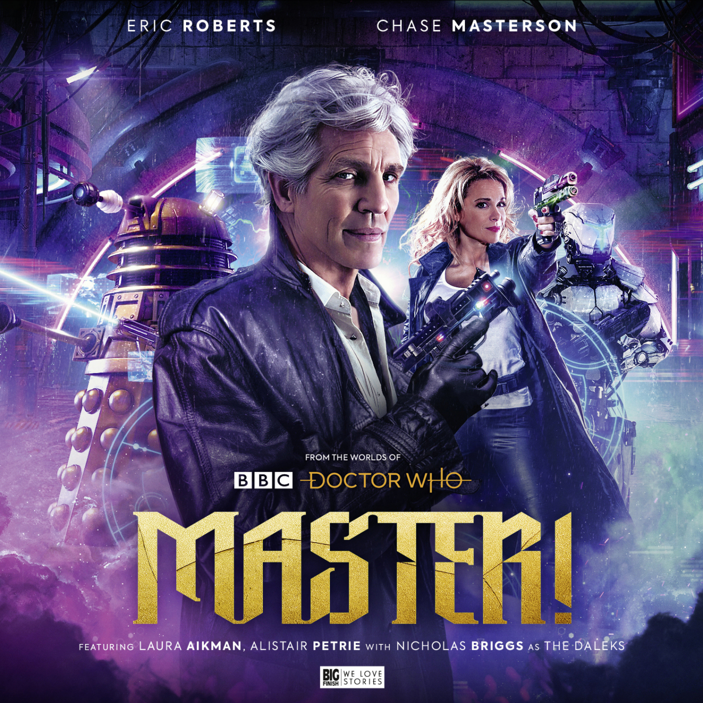 Eric Roberts as the Master with Daleks and Chase Masterson behind him 