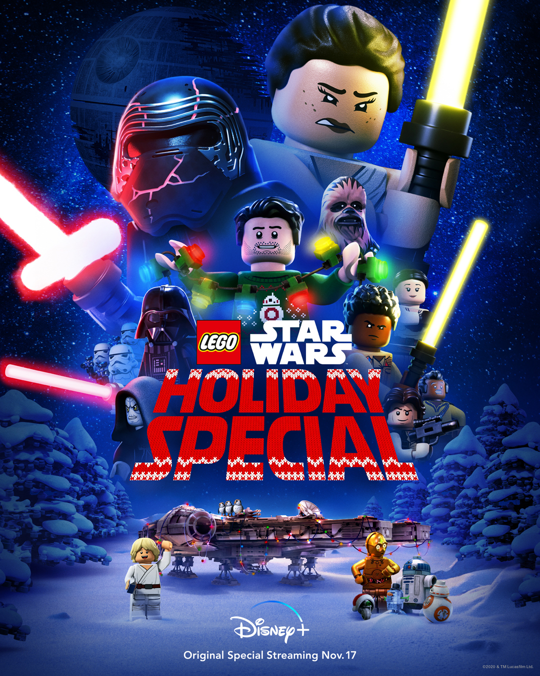 Lego Star Wars Holiday Poster with Kylo Ren, Rey the Death Star, and a snowy background