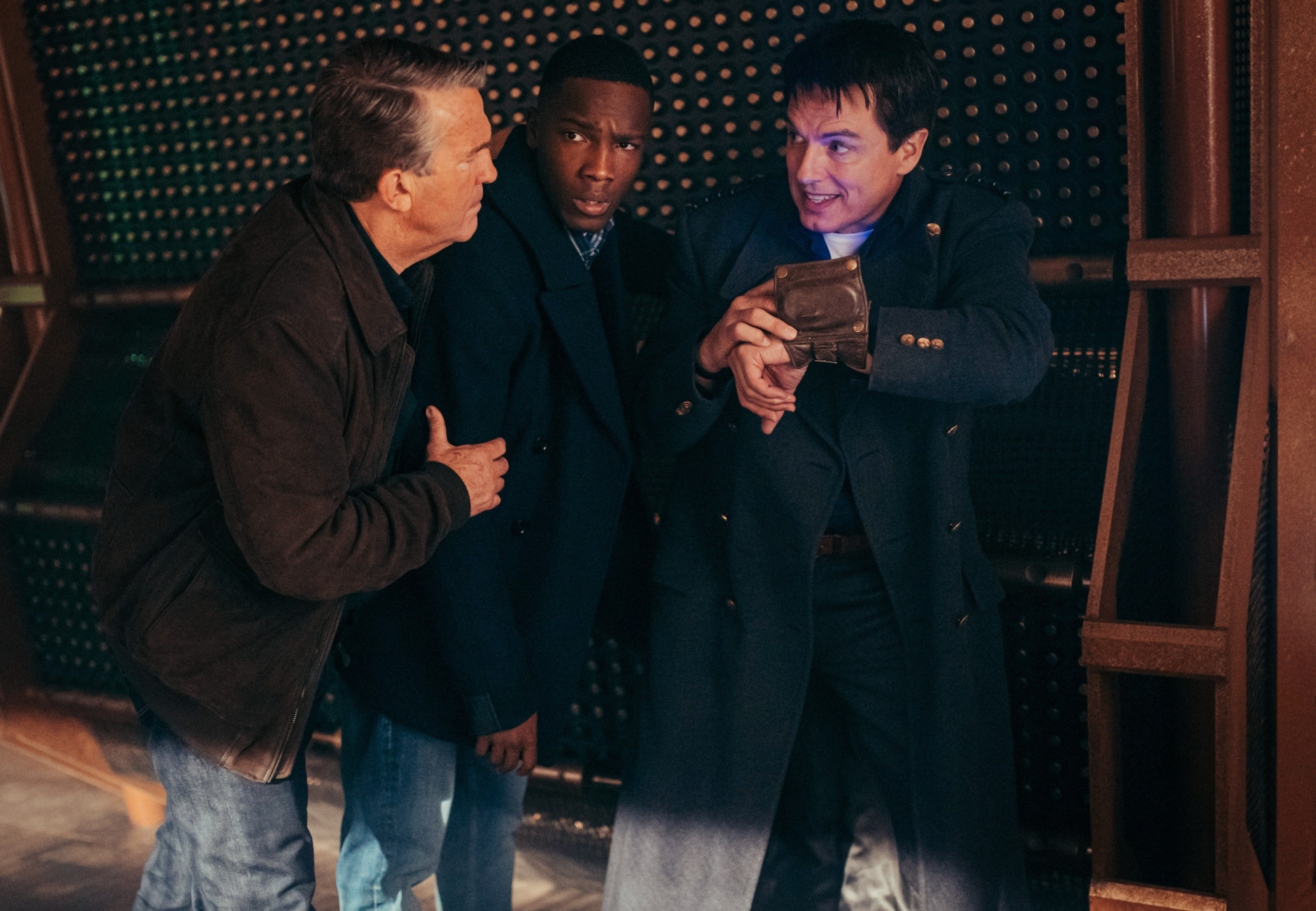 Bradley Walsh as Graham O'Brien, Tosin Cole as Ryan Sinclair, John Barrowman as Captain Jack Harkness - Doctor Who Special 2020: Revolution Of The Daleks - Photo Credit: James Pardon/BBCA