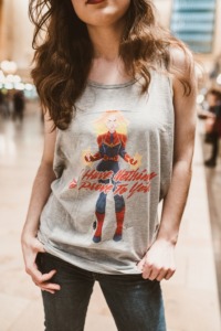 Grey tank top with Captain Marvel and the quote I have nothing to prove