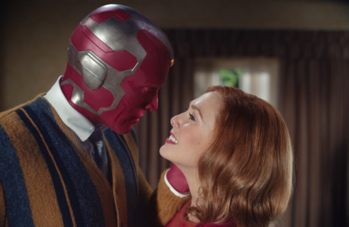 Vision (left) and Wanda (right) gaze lovingly at each other