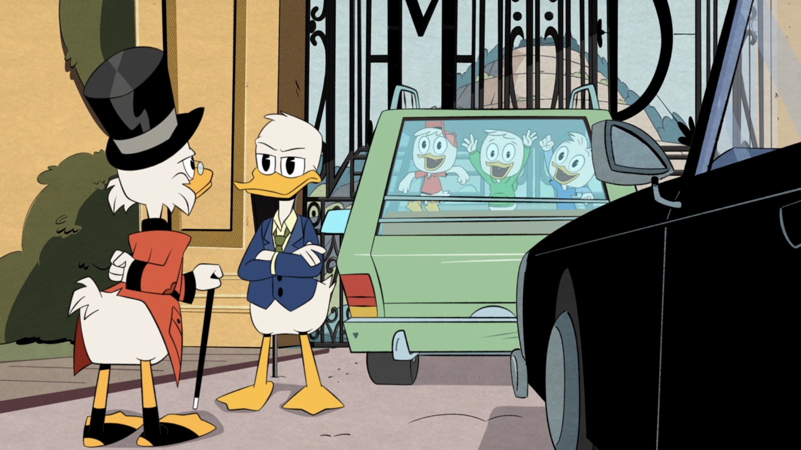 The nephews meet Scrooge McDuck for the first time- they are looking on in the backseat of Donald Duck's car as he talks with their great uncle. Donald's arms are crossed, but the nephews are very excited