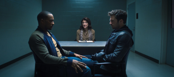 Falcon/Sam Wilson (Anthony Mackie), therapist (Amy Aquino, and Winter Soldier/Bucky Barnes (Sebastian Stan) in Marvel Studios' THE FALCON AND THE WINTER SOLDIER episode two