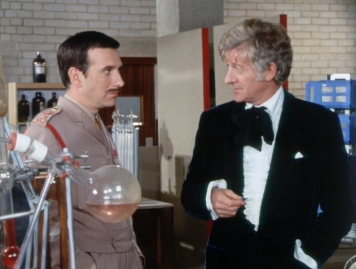 A screenshot of the Third Doctor and the Brigadier