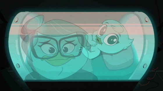 Beakley is reflected in the glass of the tube that a very young Webby has been kept in by FOWL