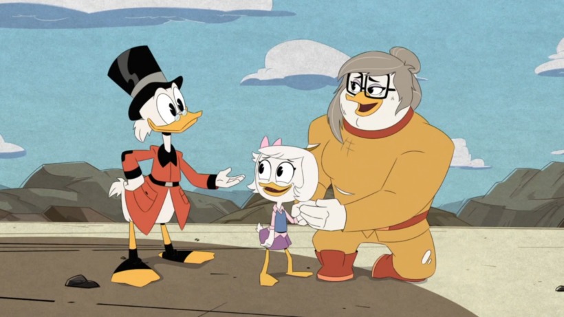 Webby holds Beakley's hand with Scrooge nearby
