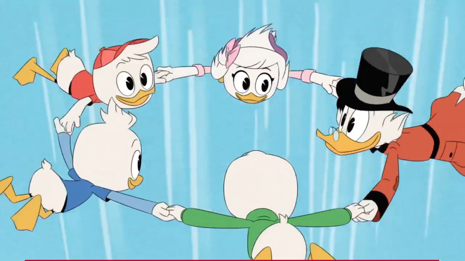 Scrooge, Louie, Dewey, Huey, and Webby hold hands in a circle while skydiving