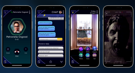Four screenshots from The Lonely Assassins game: A call from Petronella Osgood. Chat messages from Osgood, including reply options to choose from. Home screen of the in-game phone, with app icons for Browser, Phone, Gallery, Chat, Osgood and Mail. Screenshot of a Weeping Angel.Doctor Who" mobile game 