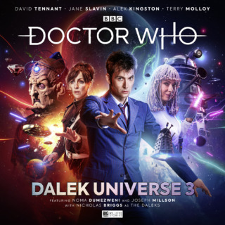 The cover for Dalek Universe volume three featuring images of the David Tennant, Davros, Anya Kingdom, and River Song