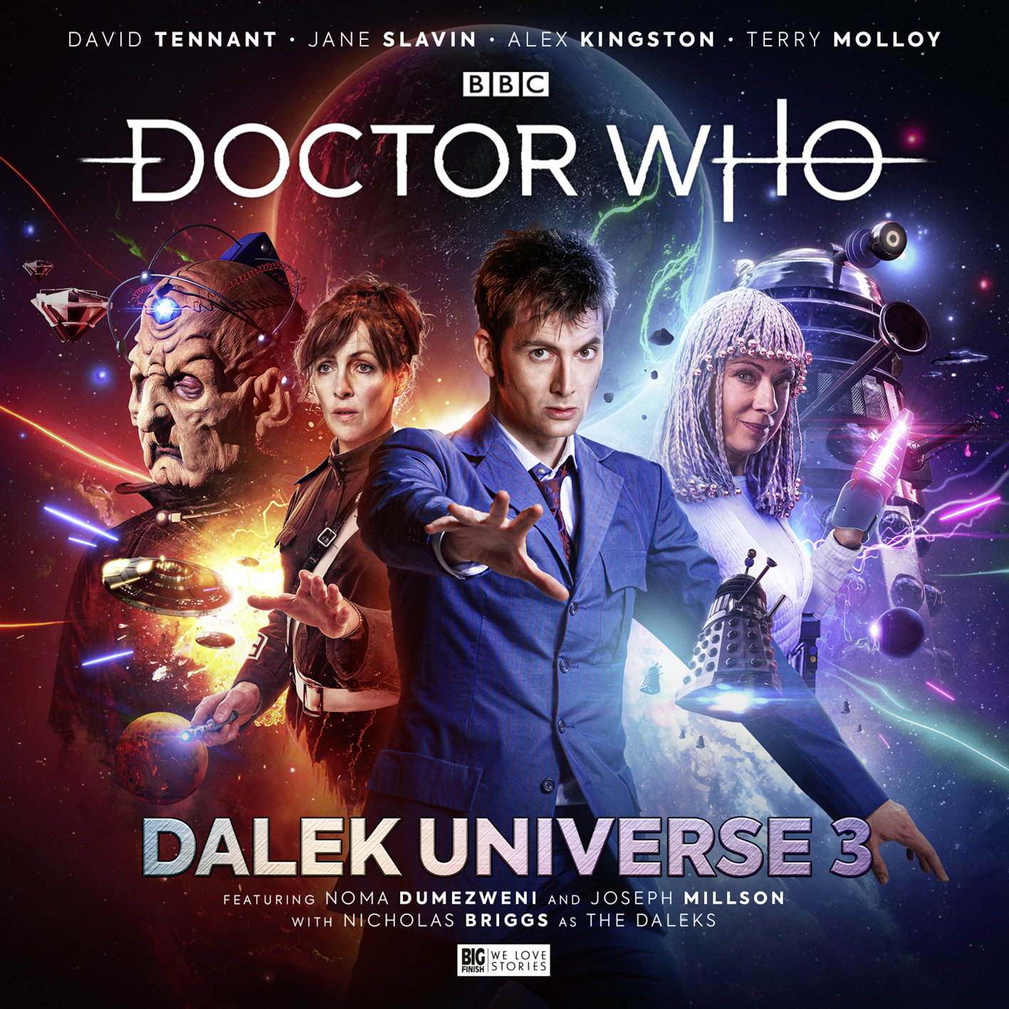 The cover for Dalek Universe volume three featuring images of the Tenth Doctor, Davros, Anya Kingdom, and River Song