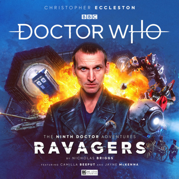 The main cover for Ninth Doctor Ravagers depicting the 9th Doctor with the TARDIS and an explosion behind him