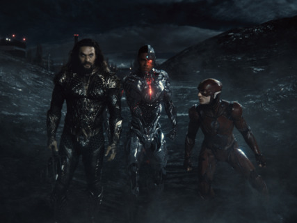 Aquaman (Jason Mamoa), Cyborg (Ray Fisher), and the Flash (Ezra Milller) prepare for battle against the parademons.