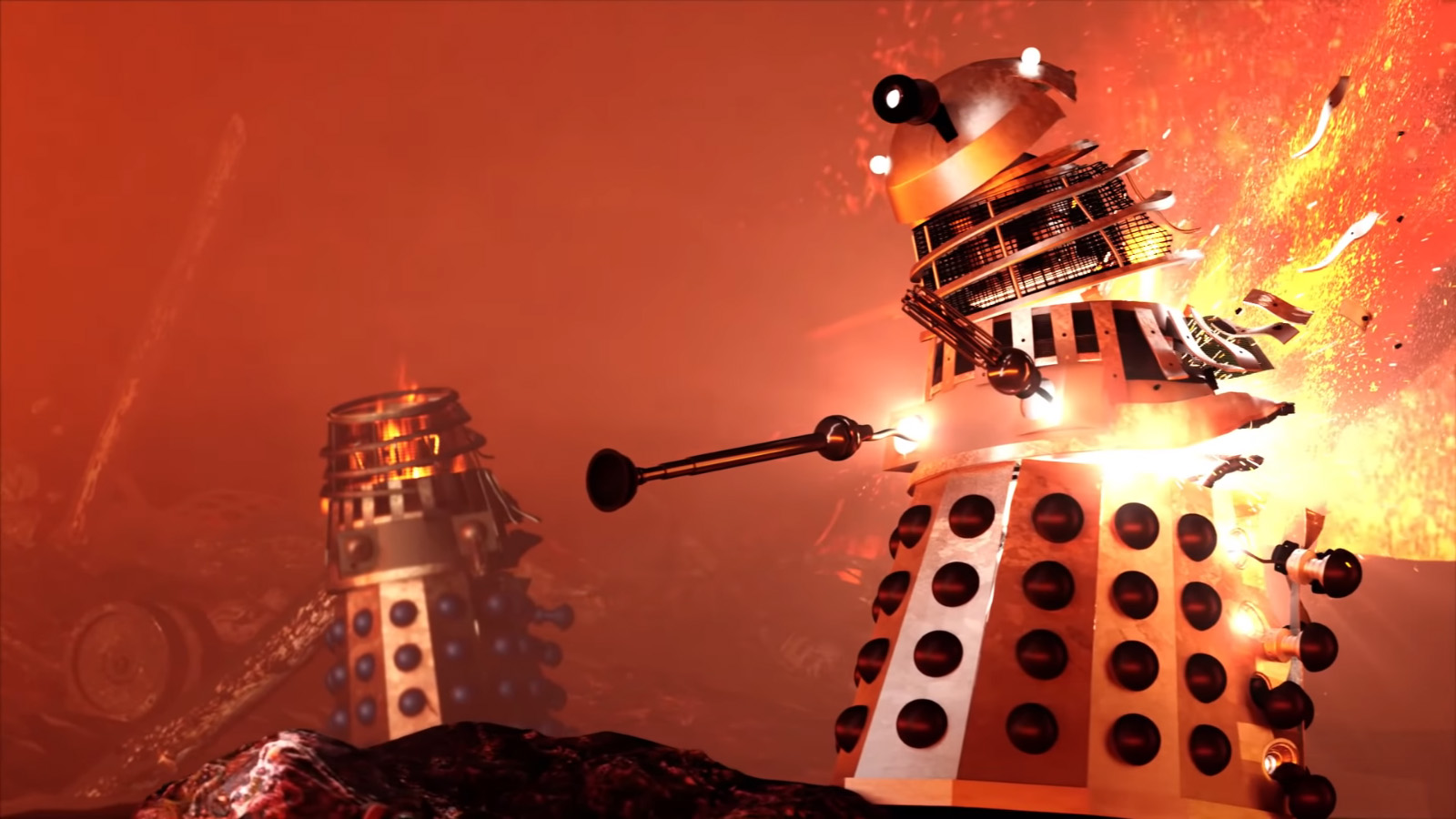 A still from the teaser trailer for "Dalek Universe" of one Dalek with a missing head and another Dalek in the middle of exploading