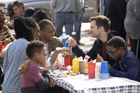 (L-R): Sarah Wilson (Adepero Oduye), Falcon/Sam Wilson (Anthony Mackie), and Winter Soldier/Bucky Barnes (Sebastian Stan) in the falcon and the winter soldier finale